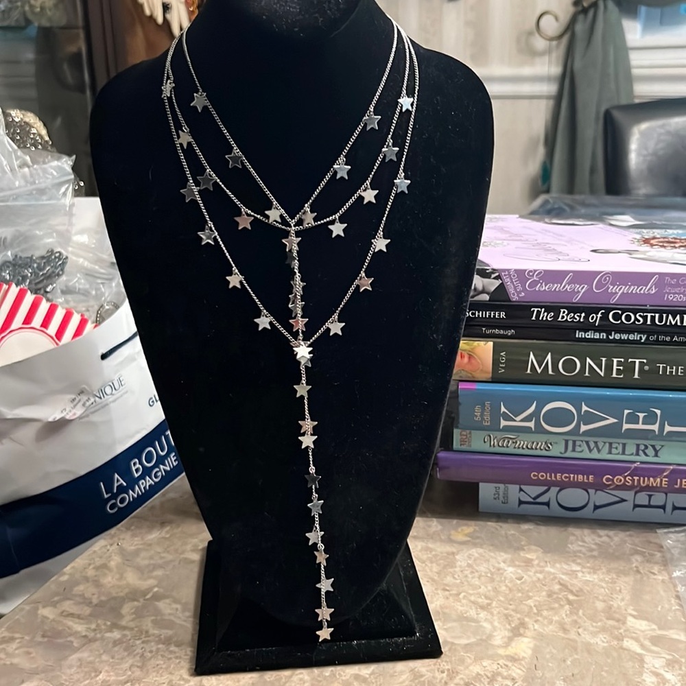 Unusual, freedom, falling star, multi strand, waterfall necklace, Silvertone